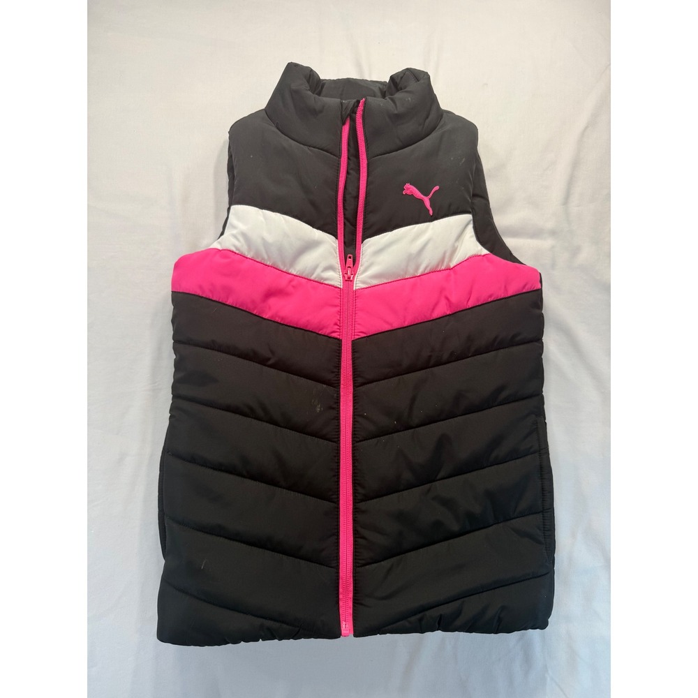 Puma Girls Puffer Vest Size S 7/8 Black Pink White Full Zip Quilted Outerwear